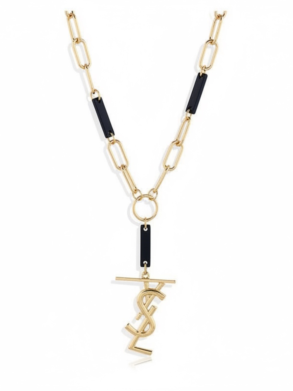 Womens Gold Tone Letter Pendant Necklace with Black Accents